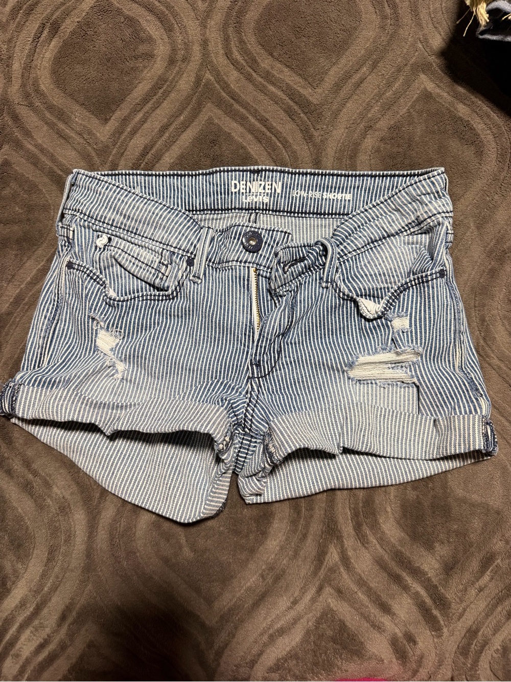 Denizen from Levi's Blue and White Striped Distressed Denim Shorts